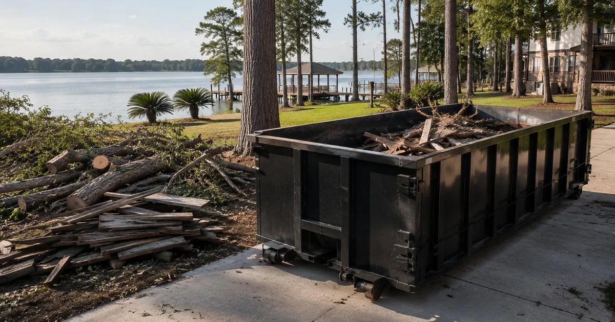 Lake Conroe property cleanup with a roll-off dumpster