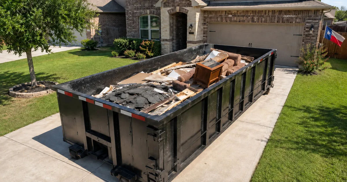 20-yard dumpster in Conroe half full of debris