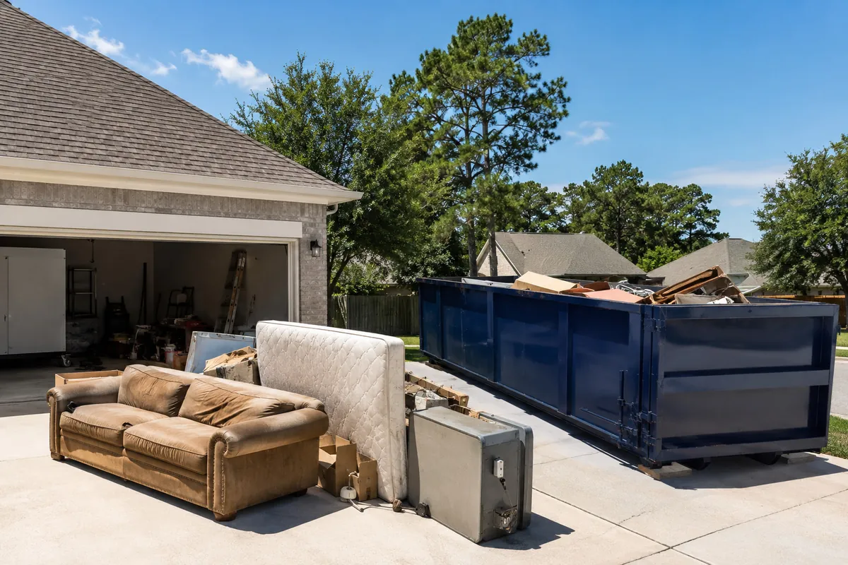 Junk removal dumpster at a Conroe home