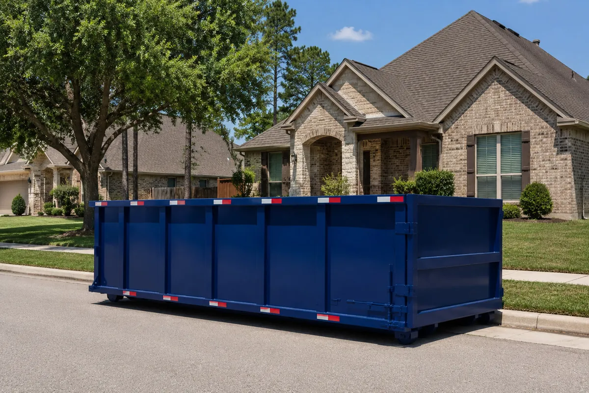 Roll-off dumpster placed at the street curb in Conroe
