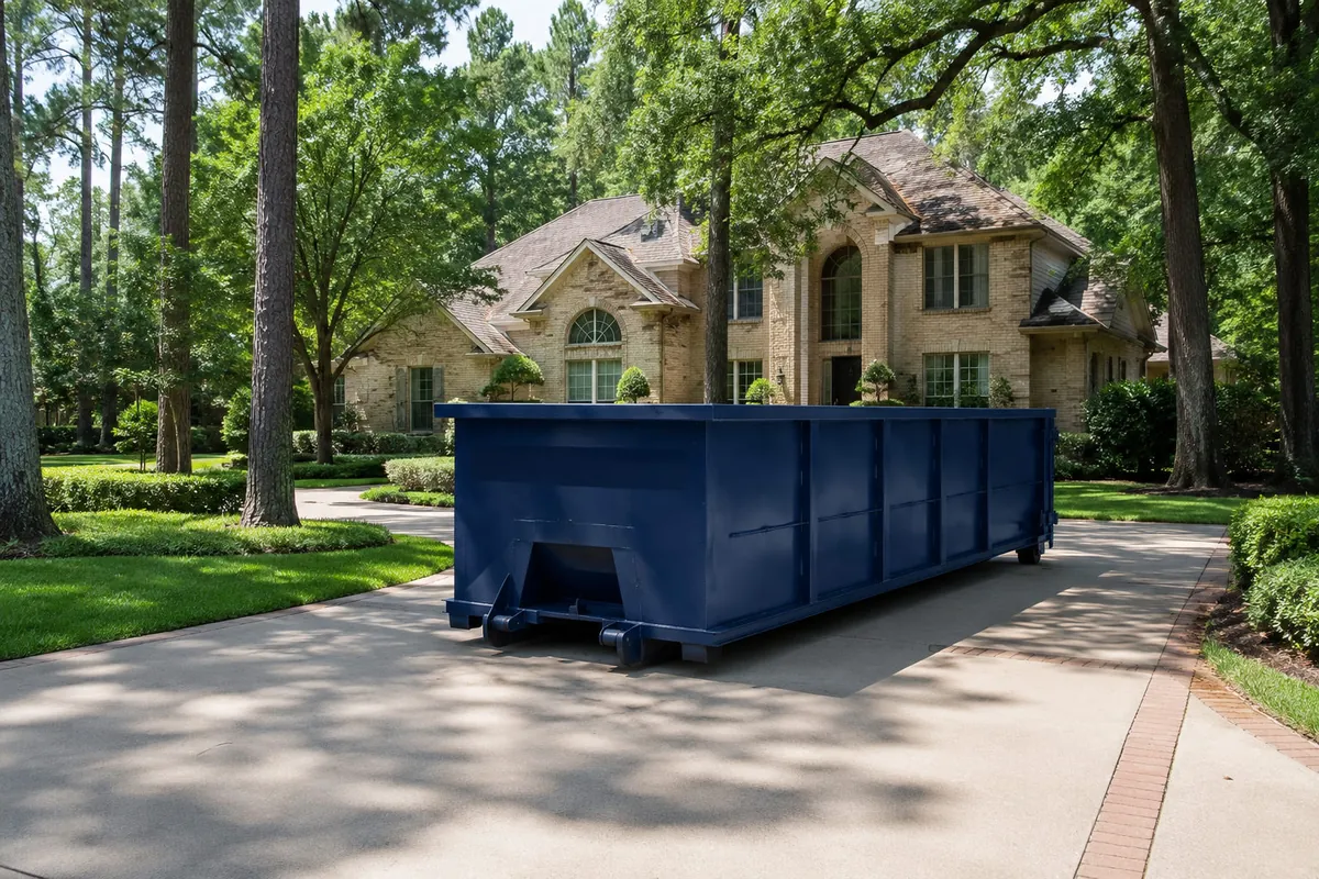 Dumpster rental on a driveway in The Woodlands, TX